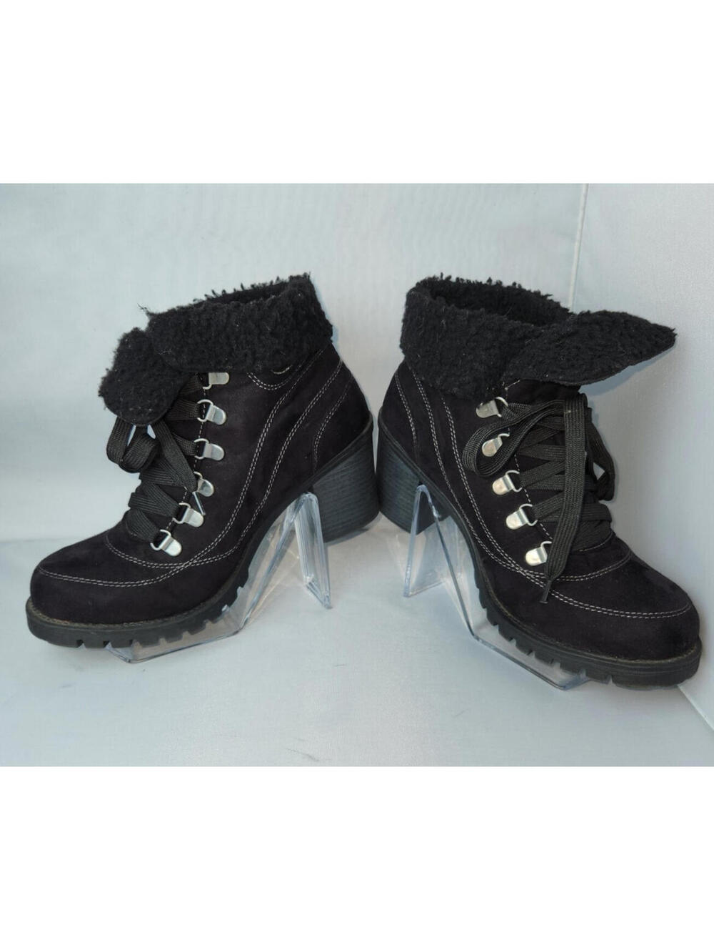 Jelly Pop Black Suede Lace-Up Ankle Boots with Faux Fur Cuff and Block Heel - Picture 4 of 14